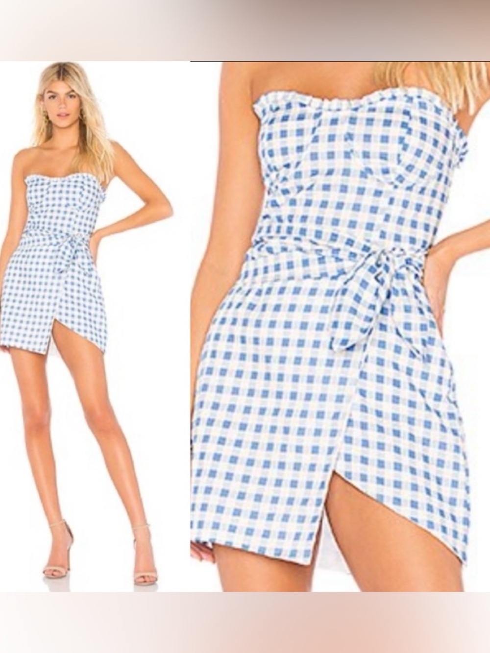 FOR LOVE & LEMONS Dixie Mini Dress Strapless Sweetheart Neckline Blue Gingham 💙